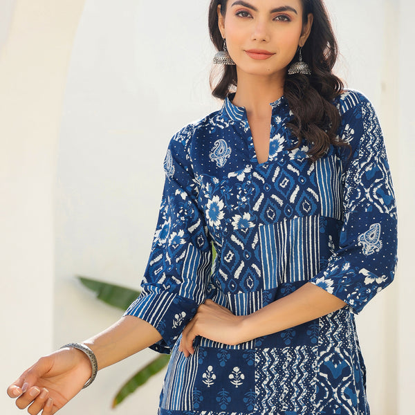 Janasya Dark Cotton Ethnic Motifs Straight Kurta Set