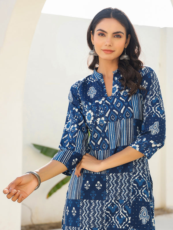 Janasya Dark Cotton Ethnic Motifs Straight Kurta Set