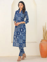 Thumbnail for Janasya Dark Cotton Ethnic Motifs Straight Kurta Set