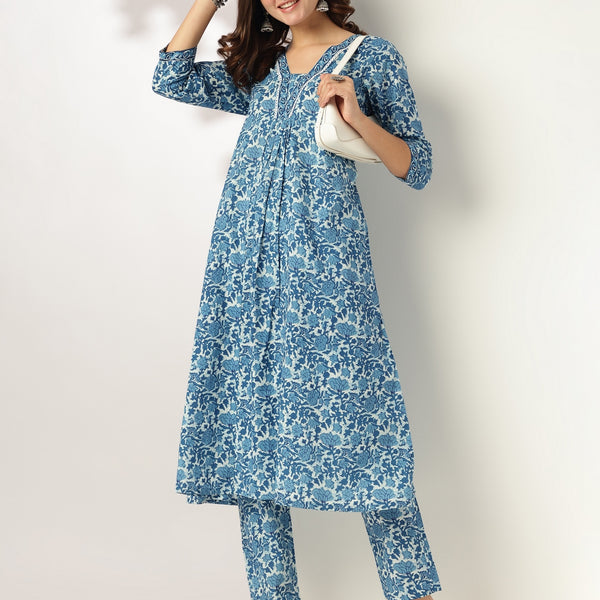 Janasya Dark Cotton Floral A-Line Kurta Set - Distacart