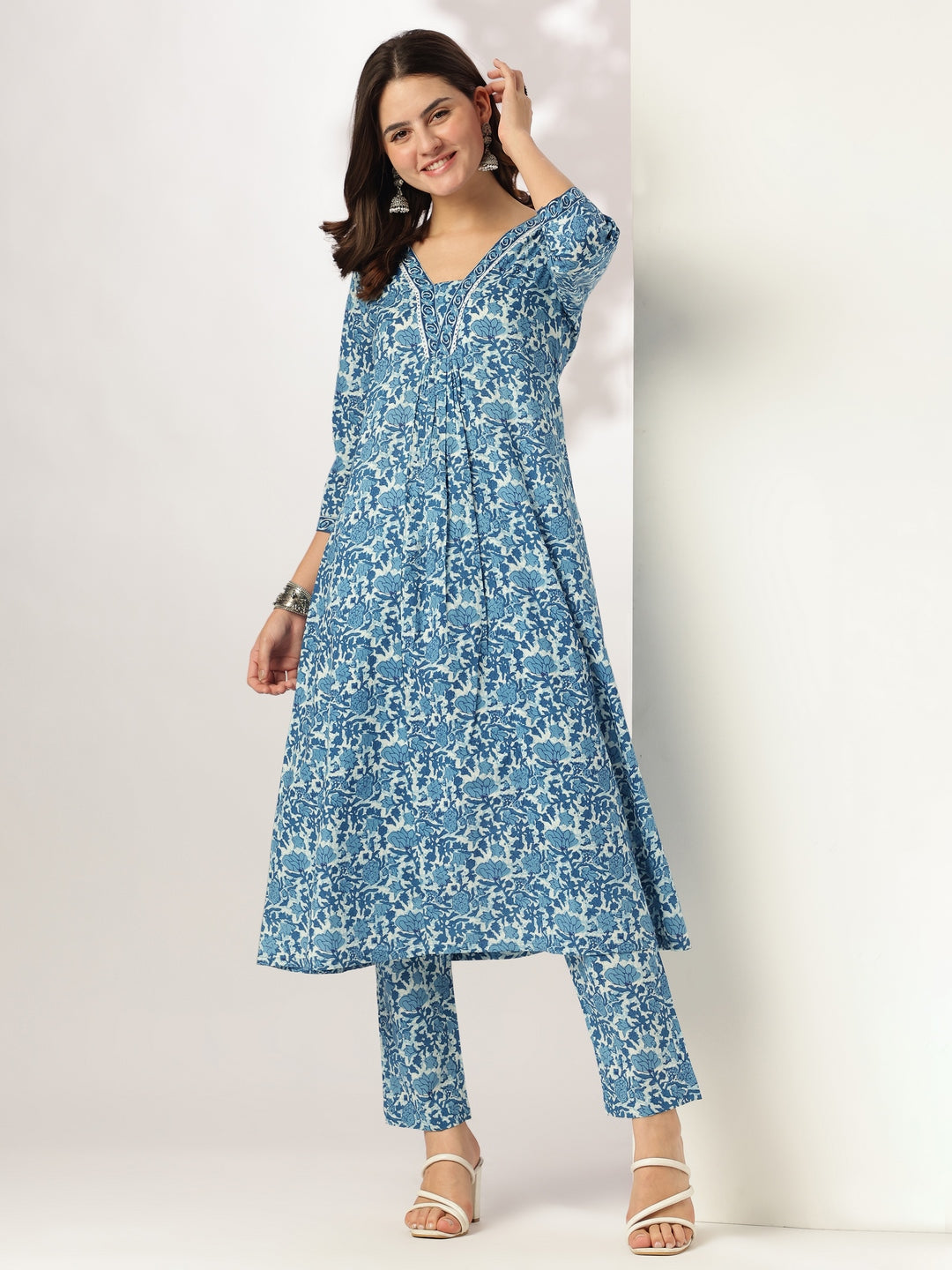 Janasya Dark Cotton Floral A-Line Kurta Set