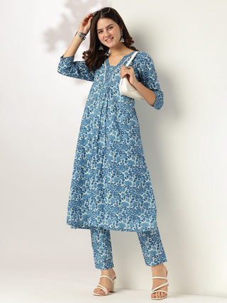 Janasya Dark Cotton Floral A-Line Kurta Set