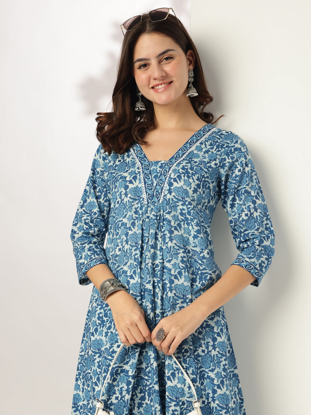 Janasya Dark Cotton Floral A-Line Kurta Set