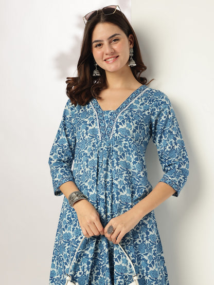 Janasya Dark Cotton Floral A-Line Kurta Set - Distacart
