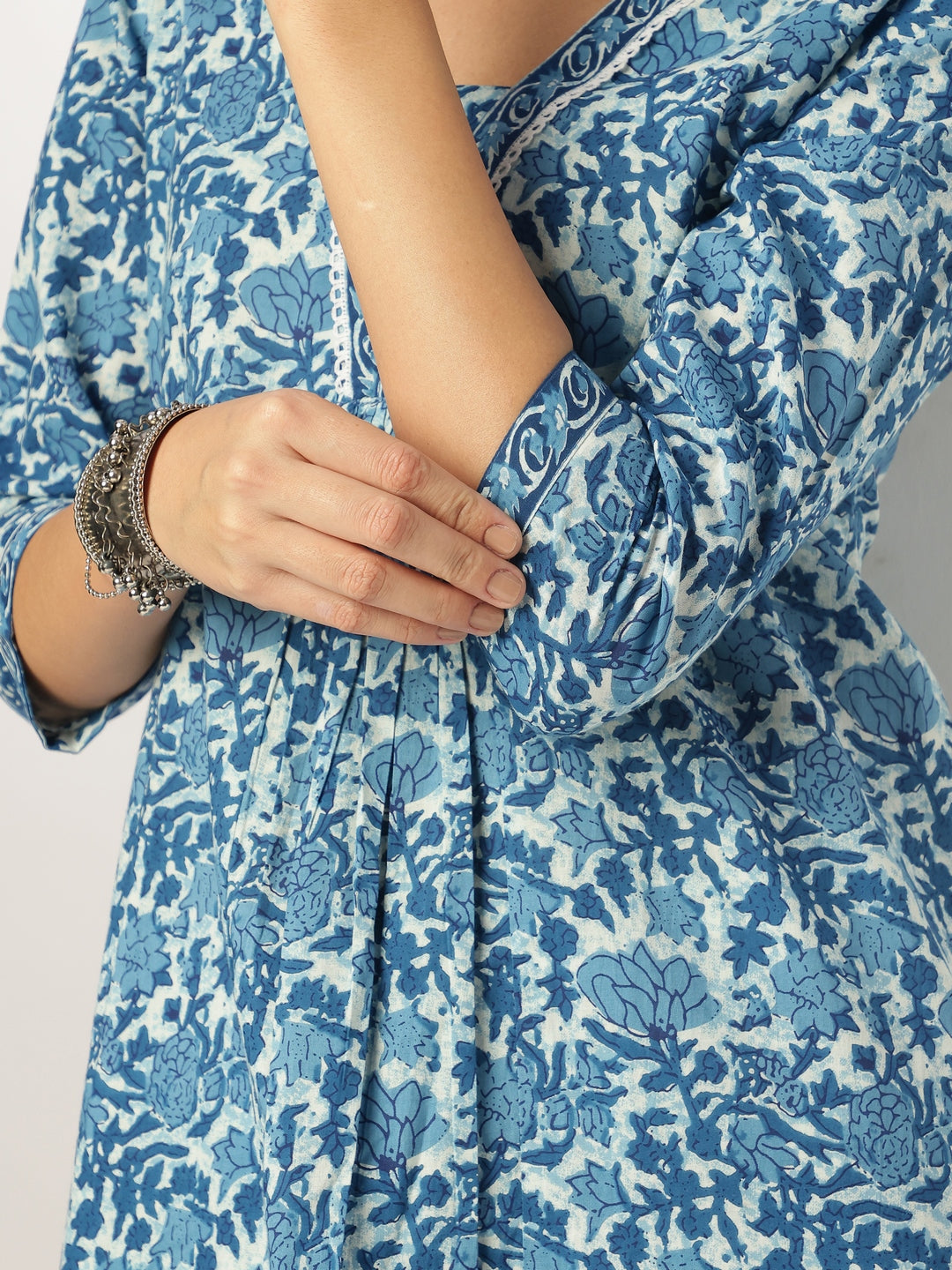 Janasya Dark Cotton Floral A-Line Kurta Set