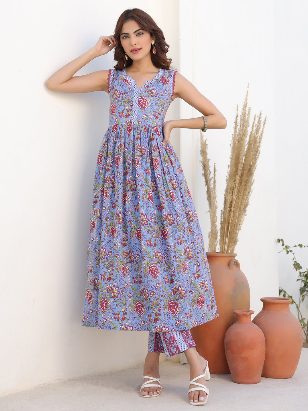 Janasya Dark Cotton Floral A-Line Kurta Set