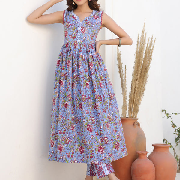 Janasya Dark Cotton Floral A-Line Kurta Set - Distacart