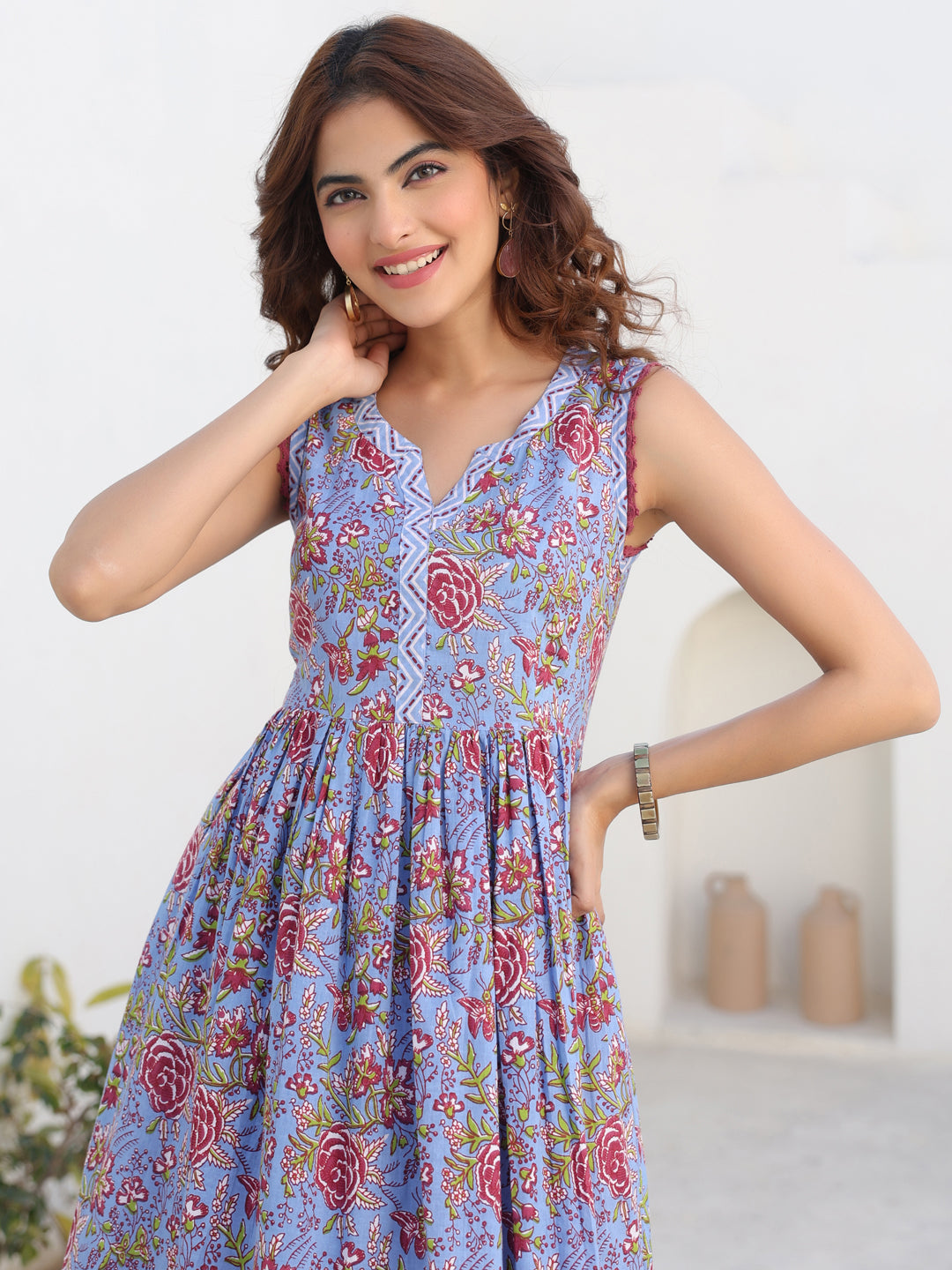 Janasya Dark Cotton Floral A-Line Kurta Set