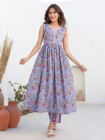 Thumbnail for Janasya Dark Cotton Floral A-Line Kurta Set