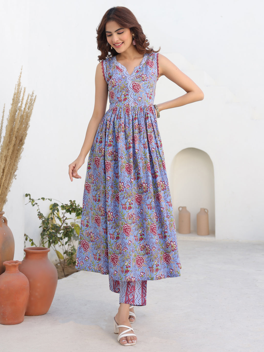 Janasya Dark Cotton Floral A-Line Kurta Set