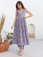 Thumbnail for Janasya Dark Cotton Floral A-Line Kurta Set