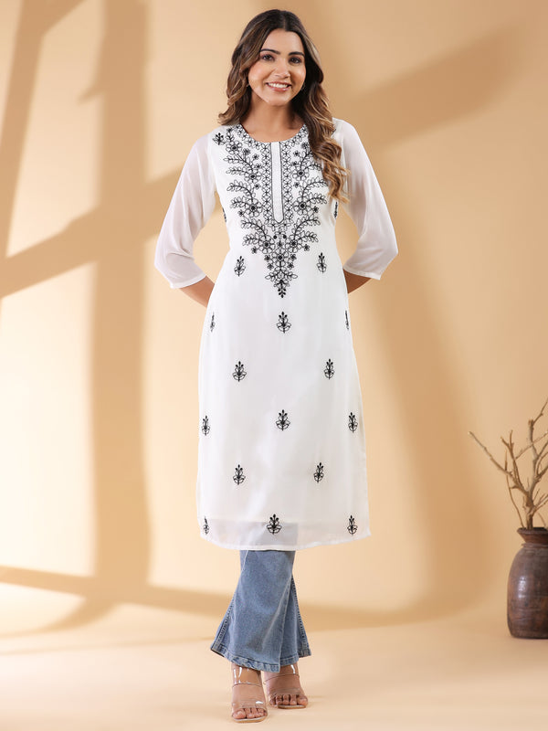 Janasya Dark Georgette Embroidered Straight Kurta