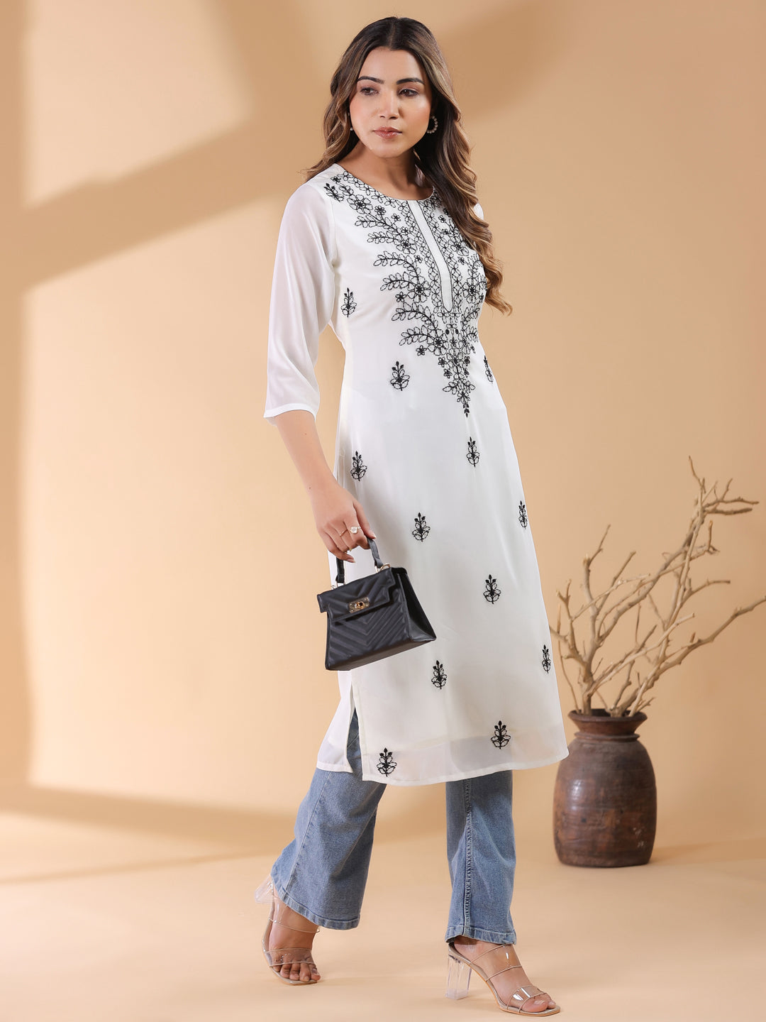 Janasya Dark Georgette Embroidered Straight Kurta