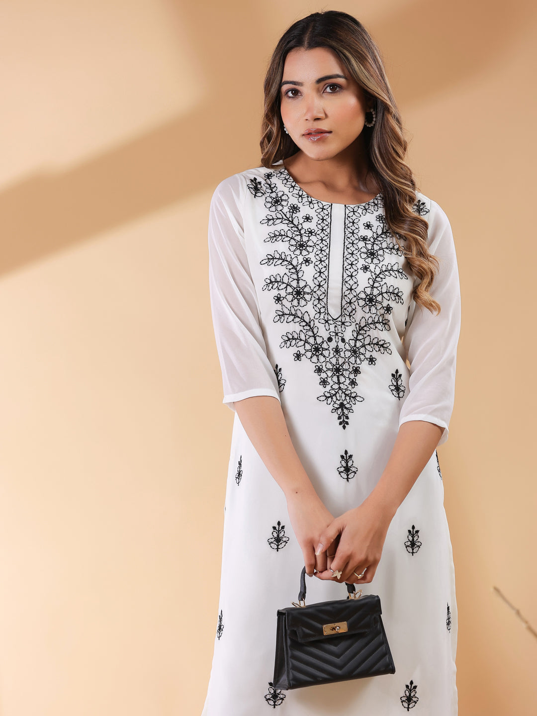 Janasya Dark Georgette Embroidered Straight Kurta