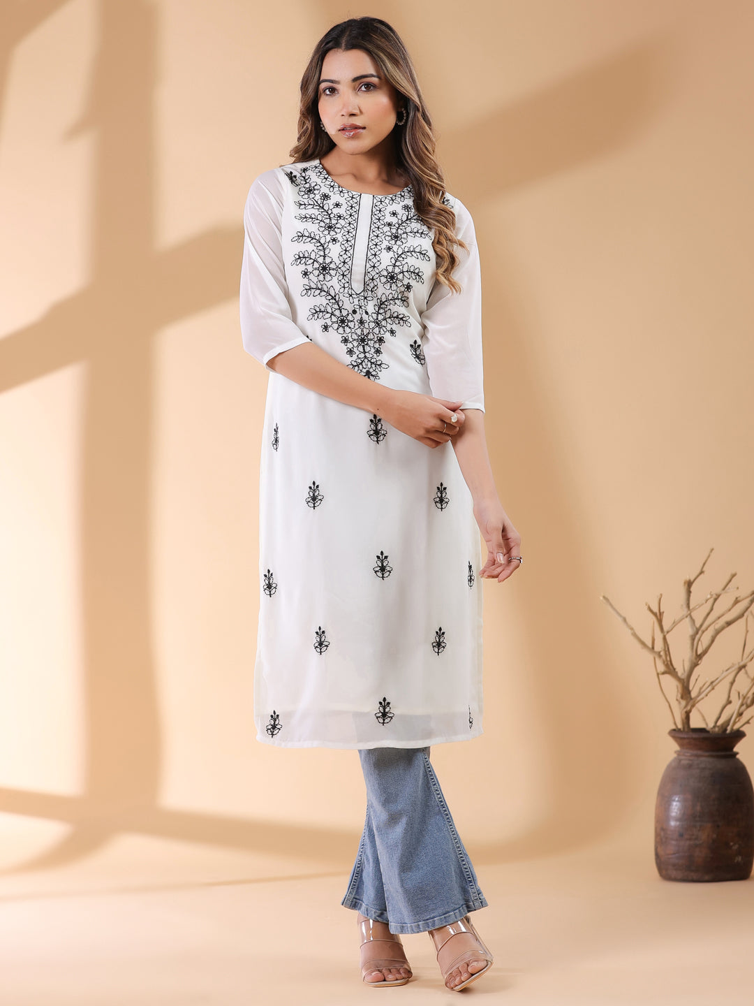 Janasya Dark Georgette Embroidered Straight Kurta