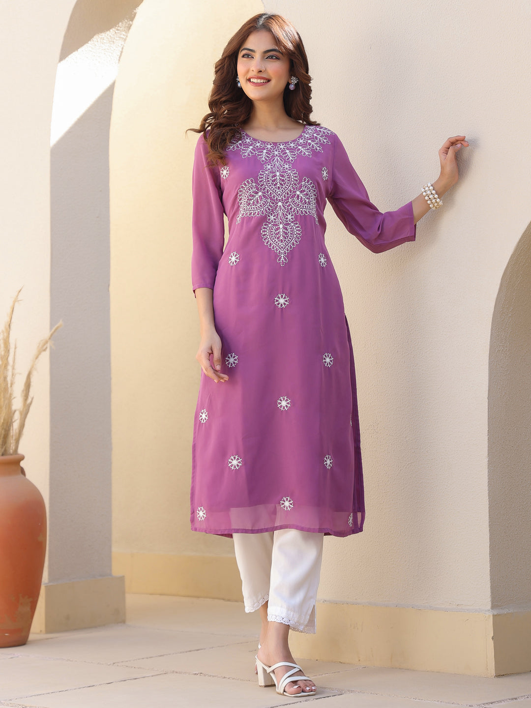 Janasya Dark Georgette Floral Straight Kurta