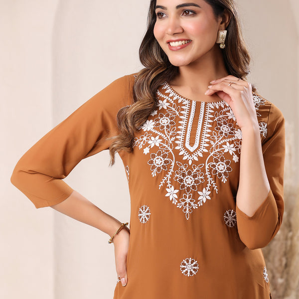 Janasya Dark Georgette Embroidered Straight Kurta - Distacart