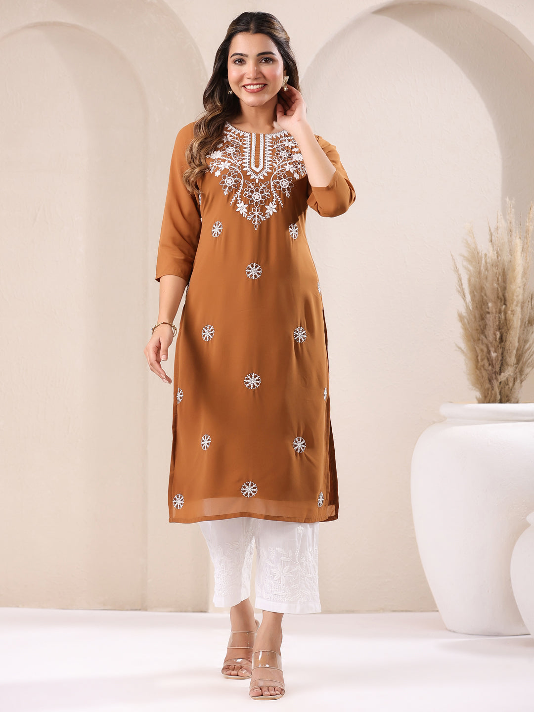 Janasya Dark Georgette Embroidered Straight Kurta
