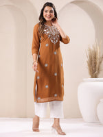 Thumbnail for Janasya Dark Georgette Embroidered Straight Kurta