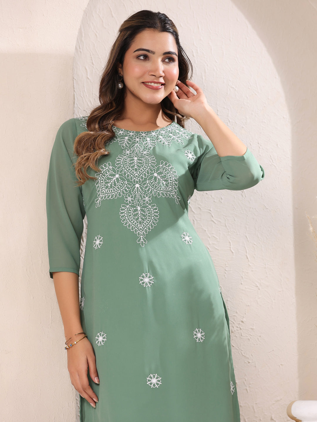 Janasya Dark Georgette Embroidered Straight Kurta