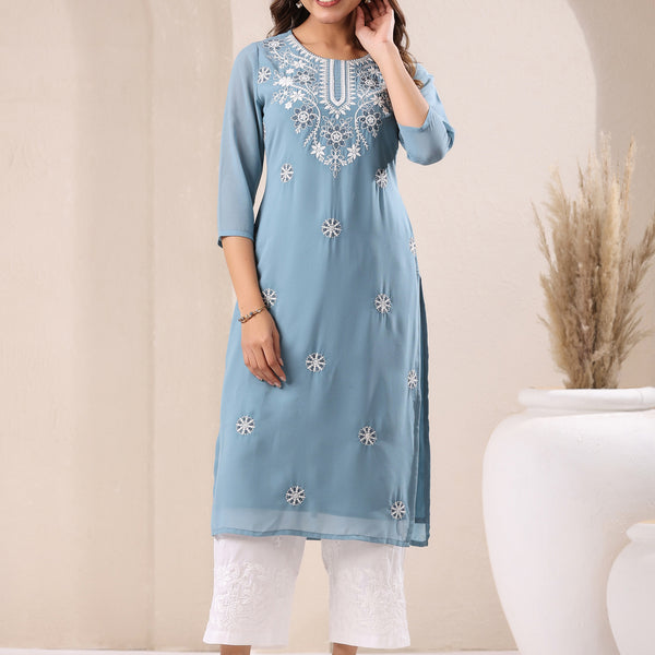 Janasya Bright Georgette Embroidered Straight Kurta - Distacart