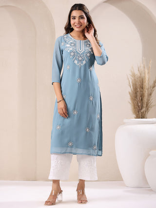 Janasya Bright Georgette Embroidered Straight Kurta