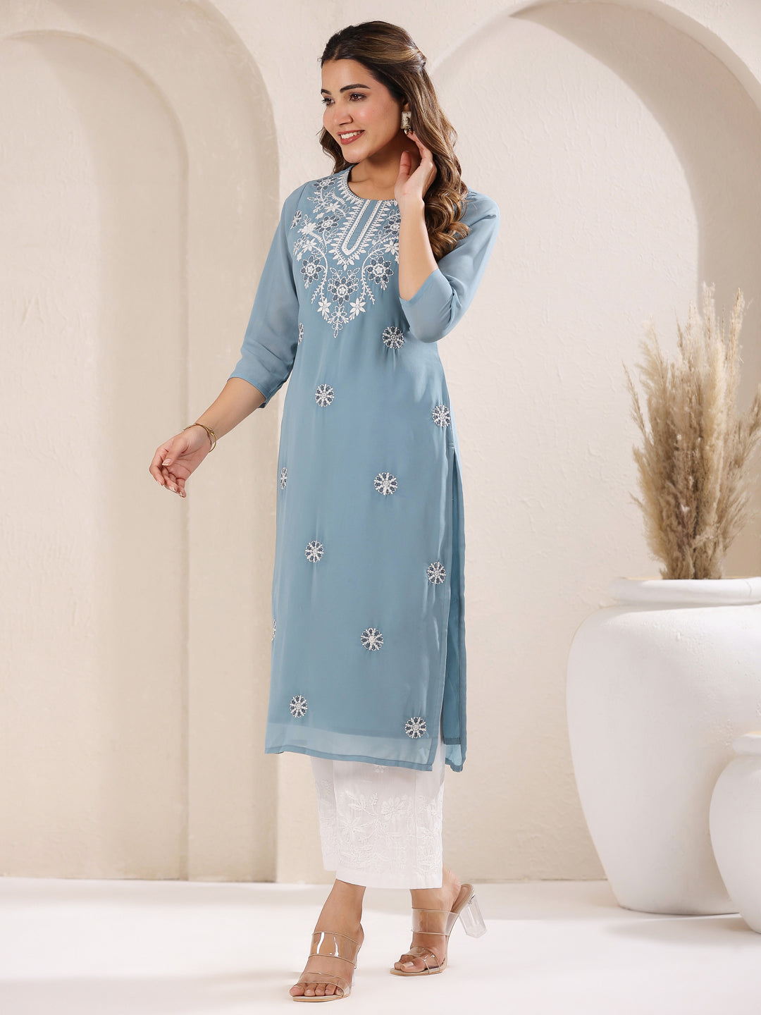 Janasya Bright Georgette Embroidered Straight Kurta