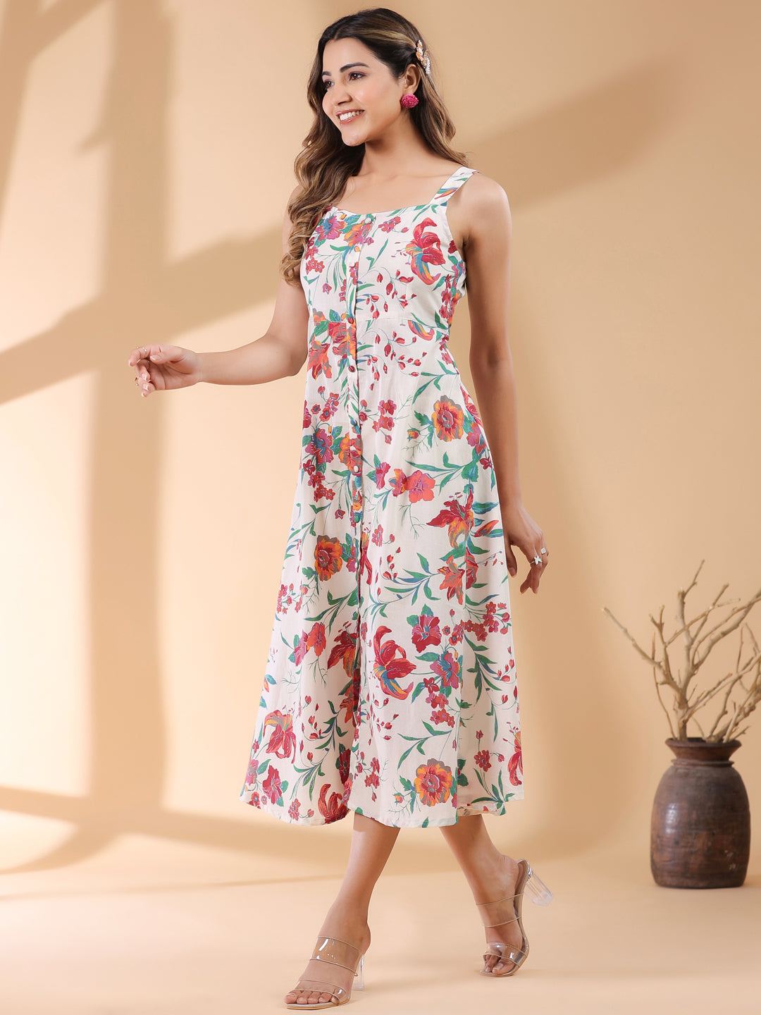 Janasya Light Cotton Floral A-Line Kurta