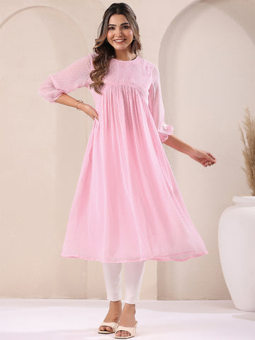 Janasya Light Dobby Chiffon Self Design A-Line Kurta - Distacart