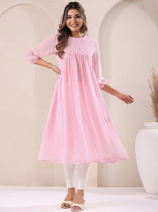 Janasya Light Dobby Chiffon Self Design A-Line Kurta