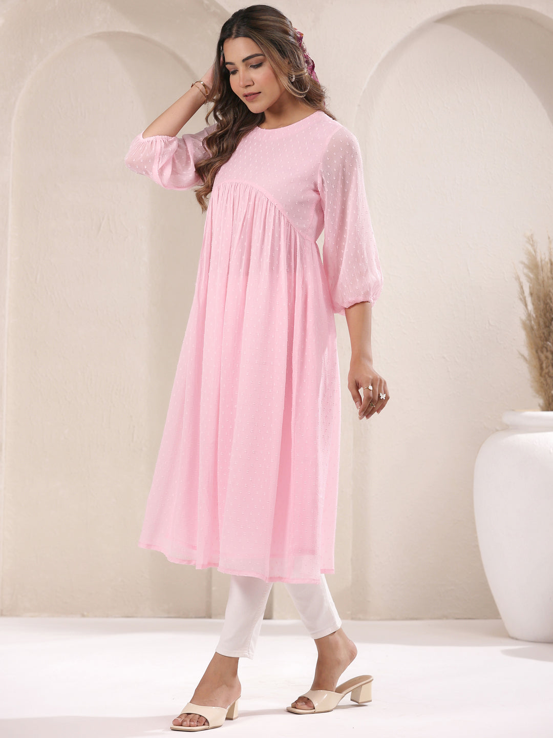 Janasya Light Dobby Chiffon Self Design A-Line Kurta