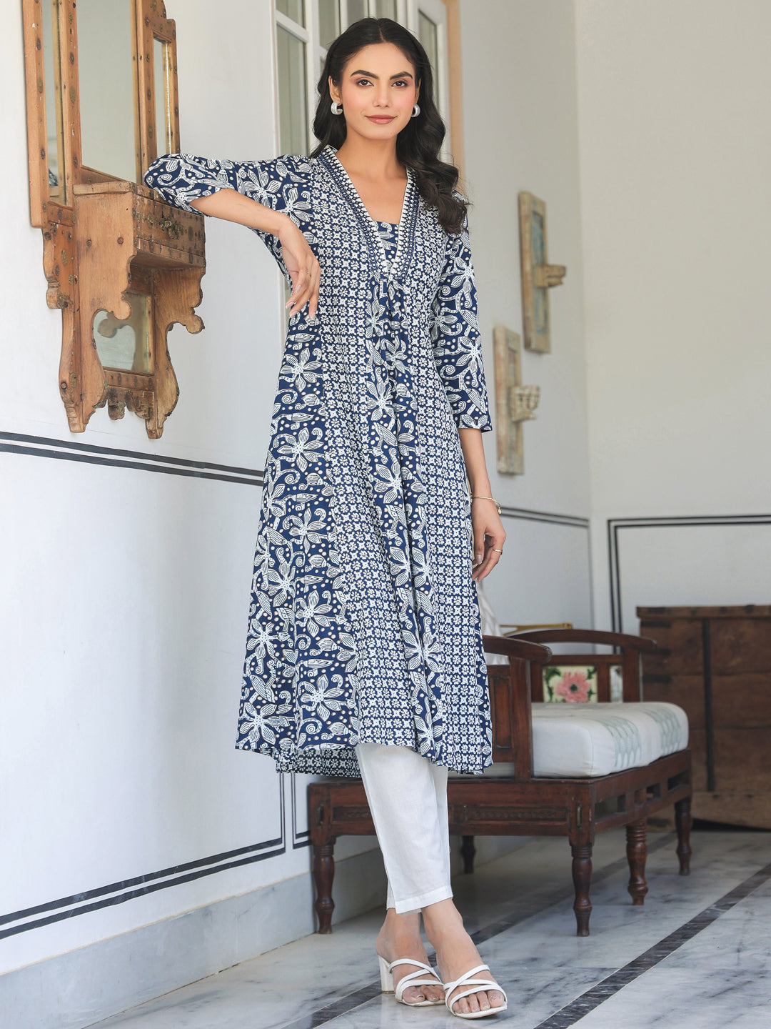 Janasya Dark Cotton Yoke Embroidery A-Line Kurta