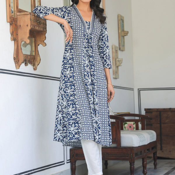Janasya Dark Cotton Yoke Embroidery A-Line Kurta