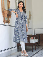 Thumbnail for Janasya Dark Cotton Yoke Embroidery A-Line Kurta