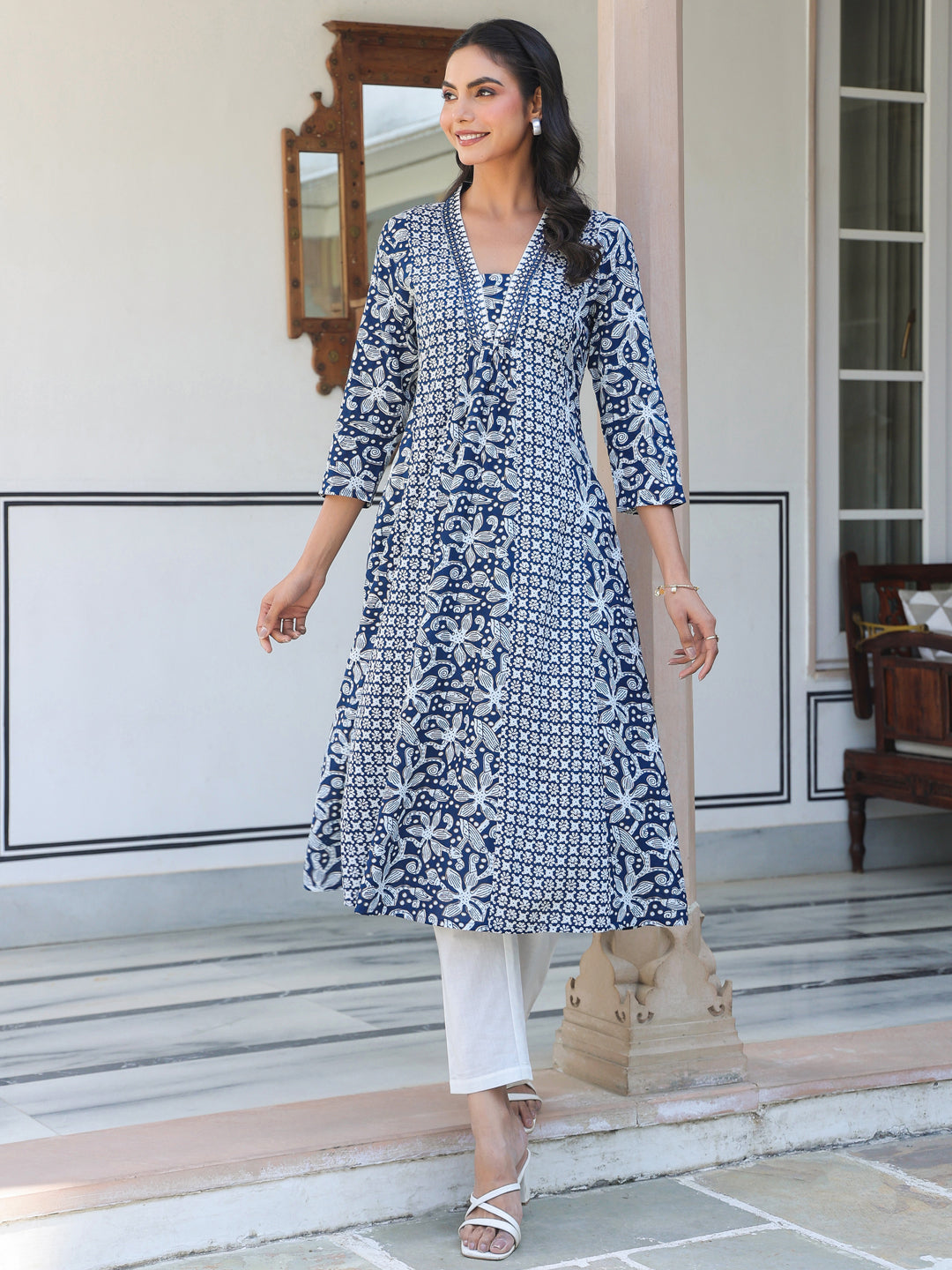 Janasya Dark Cotton Yoke Embroidery A-Line Kurta