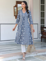 Thumbnail for Janasya Dark Cotton Yoke Embroidery A-Line Kurta