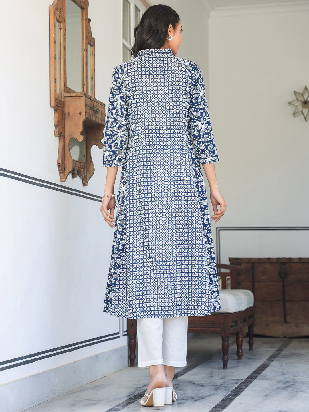 Janasya Dark Cotton Yoke Embroidery A-Line Kurta