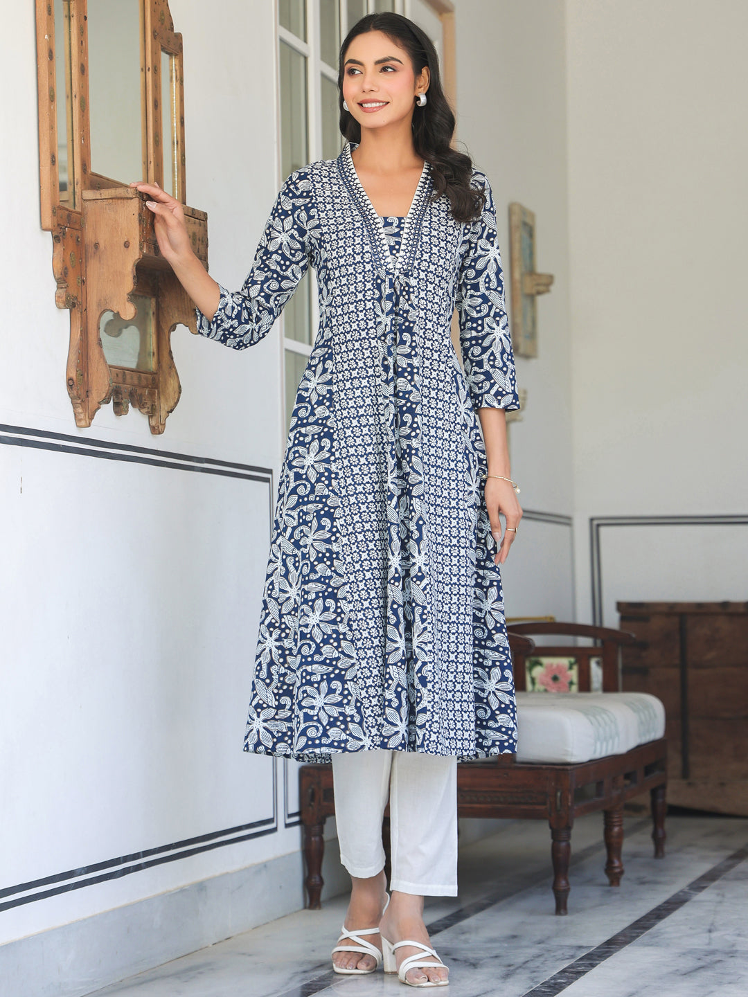 Janasya Dark Cotton Yoke Embroidery A-Line Kurta