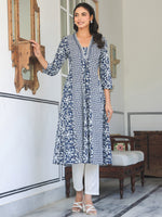 Thumbnail for Janasya Dark Cotton Yoke Embroidery A-Line Kurta