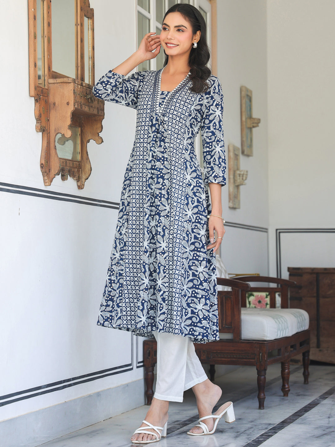 Janasya Dark Cotton Yoke Embroidery A-Line Kurta