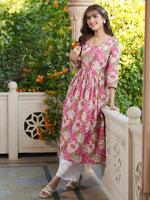 Thumbnail for Janasya Bright Cotton Floral A-Line Kurta