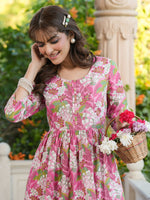 Thumbnail for Janasya Bright Cotton Floral A-Line Kurta