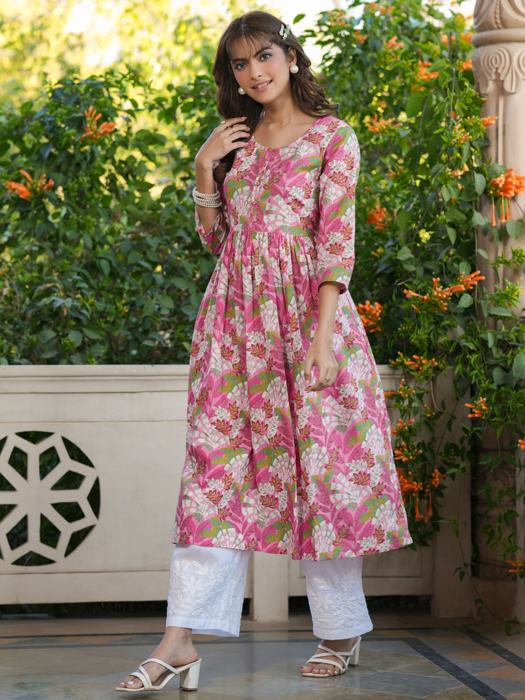 Janasya Bright Cotton Floral A-Line Kurta