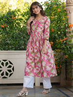 Thumbnail for Janasya Bright Cotton Floral A-Line Kurta