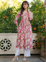 Thumbnail for Janasya Bright Cotton Floral A-Line Kurta