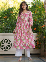 Thumbnail for Janasya Bright Cotton Floral A-Line Kurta