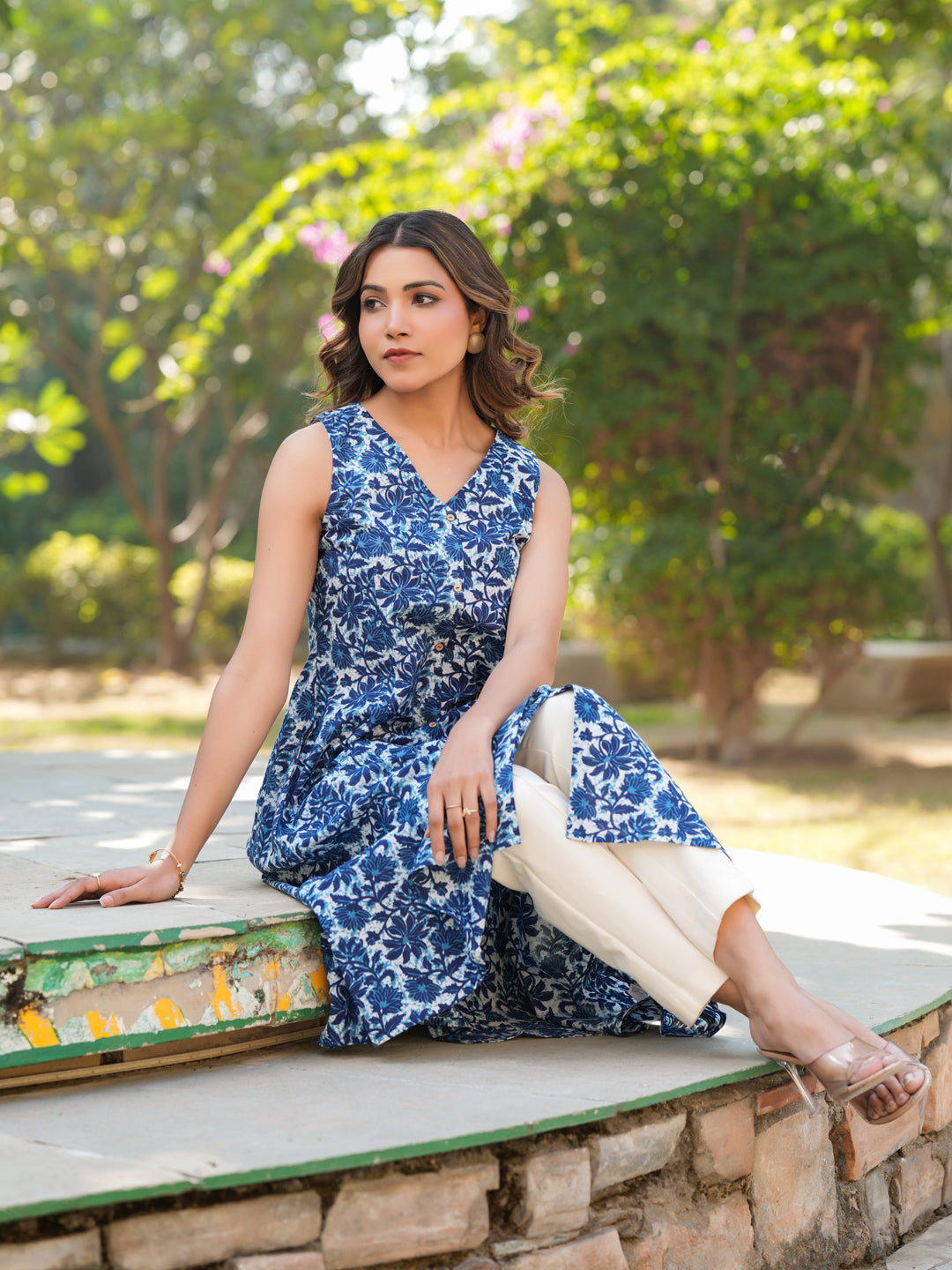 Janasya Dark Cotton Floral A-Line Kurta