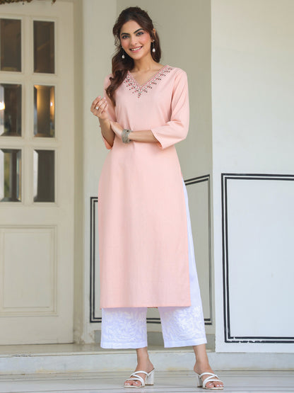 Janasya Light Cotton Yoke Embroidery Straight Kurta - Distacart
