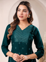 Thumbnail for Janasya Dark Rayon Embroidered Straight Kurta