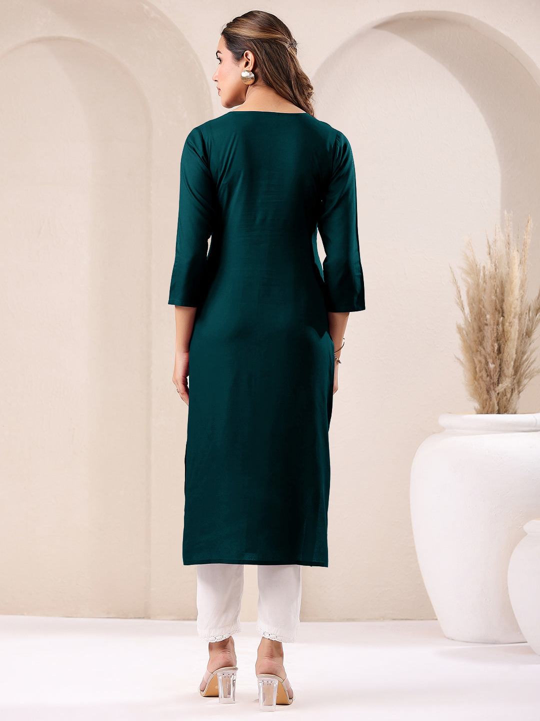 Janasya Dark Rayon Embroidered Straight Kurta